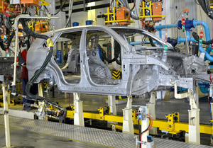 An assembly line within a car factory.